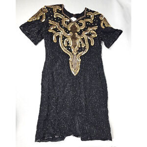 Mob WIFE Vintage 1980s Beaded Silk Cocktail/Evening Dress Sz XL